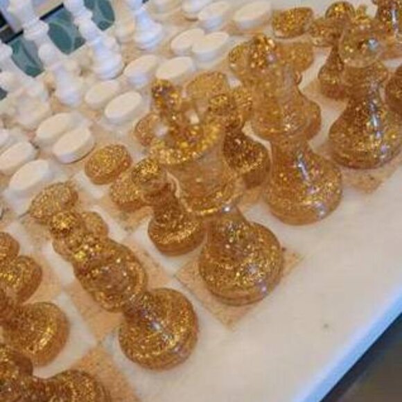 Handmade Staunton Gold & White Marble 15" Chess Board Game Set - Picture 7 of 9